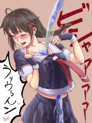 Rule 34 | 1girl, ahoge, blouse, blue shirt, blue skirt, blush, bow, braid, brown background, closed eyes, clothes pull, food, food request, hair bow, hair flaps, hair ornament, ishii hisao, kantai collection, necktie, noodles, open mouth, pleated skirt, red bow, red necktie, school uniform, serafuku, shigure (kancolle), shigure kai ni (kancolle), shirt, shirt pull, short sleeves, simple background, single braid, skirt, solo, soumen, standing, water, wet, wet clothes