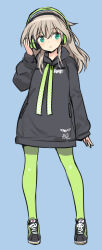 Rule 34 | 1girl, full body, green eyes, green pantyhose, hand on headphones, headphones, hood, hoodie, light brown hair, light smile, long hair, long sleeves, luminous witches, pantyhose, shimada fumikane, shoes, simple background, sneakers, solo, virginia robertson, world witches series