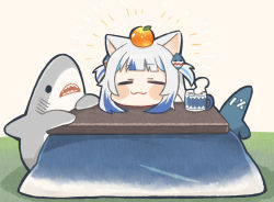 Rule 34 | 1girl, :3, = =, animal ears, blue hair, blunt bangs, blush stickers, cat ears, chibi, closed eyes, commentary, cup, fins, fish tail, food, food on head, fruit, fruit on head, gawr gura, hair ornament, highres, hololive, hololive english, kotatsu, mandarin orange, multicolored hair, object on head, romaji commentary, same anko, shark tail, smile, solo, steam, streaked hair, stuffed animal, stuffed shark, stuffed toy, table, tail, two-tone hair, two side up, virtual youtuber, white hair