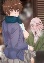 Rule 34 | 1boy, 1girl, age difference, bald, breasts, breasts out, brown eyes, brown hair, closed eyes, clothed sex, clothes, highres, kosokosomaru (higashi taishi), medium breasts, old, old man, older man and younger girl, open mouth, original, saliva, saliva trail, school uniform, short hair