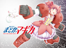 Rule 34 | 1girl, action, attack, bow, bubble skirt, copyright name, creature, dress, fighting stance, fusion, gundam, gundam age, gundam age-1, gundam age-1 titus, hair bow, kaname madoka, kaneda mitsuko, kyubey, magical girl, mahou shoujo madoka magica, mahou shoujo madoka magica (anime), mecha musume, mechanical arms, mechanical legs, parody, pink eyes, pink hair, short twintails, skirt, soul gem, surprised, twintails