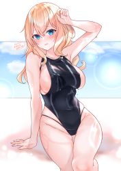 Rule 34 | 1girl, absurdres, alternate costume, areola slip, azur lane, bare shoulders, black one-piece swimsuit, blonde hair, blue eyes, blush, breasts, commentary request, covered erect nipples, cowboy shot, high-waist sideboob, highleg, highleg swimsuit, highres, large breasts, leander (azur lane), long hair, looking at viewer, neco meito, one-piece swimsuit, sideboob, signature, solo, swimsuit, thigh gap, thighhighs, wet