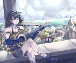 Rule 34 | 1girl, absurdres, alice (sinoalice), balcony, bare shoulders, barefoot, blue hair, blue ribbon, bodypaint, breasts, cameo, choker, cleavage, commentary, crossed legs, dark blue hair, day, dutch angle, english commentary, expressionless, guitar, hair ribbon, hairband, highres, holding, holding instrument, horizon, instrument, music, nivel-floss, ocean, parted lips, playing instrument, ribbon, short hair, shorts, sinoalice, sitting, sky, solo, strap slip, tattoo, town, yellow eyes