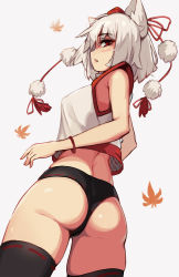 Rule 34 | 1girl, absurdres, adapted costume, animal ears, ass, back, bad id, bad pixiv id, black panties, black thighhighs, blush, breasts, commentary, cowboy shot, crop top, crop top overhang, dethmaid, english commentary, from behind, from below, grey background, hair between eyes, hat, highres, inubashiri momiji, leaf, looking at viewer, looking back, maple leaf, medium breasts, no tail, open mouth, panties, pom pom (clothes), red eyes, red hat, shirt, short hair, silver hair, simple background, sleeveless, sleeveless shirt, solo, thighhighs, thighs, tokin hat, touhou, underwear, white shirt, wolf ears, wristband