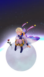 Rule 34 | 1boy, blonde hair, boots, closed eyes, coat, fate/requiem, fate (series), flower, highres, le petit prince, male focus, planet, red flower, red rose, redtaiga, rose, scarf, shorts, sitting, sky, smile, space, star (sky), star (symbol), starry sky, voyager (fate), voyager (second ascension) (fate), yellow scarf