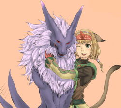 Rule 34 | 1girl, ;d, afterimage, animal, animal ears, animal hug, adventurer (ff11), blonde hair, brown tail, cactus41747280, cat ears, cat girl, cat tail, detached sleeves, fenrir (final fantasy), final fantasy, final fantasy xi, green eyes, hairband, highres, horns, hug, long sleeves, medium hair, mithra (ff11), motion lines, multicolored hairband, multiple hairbands, one eye closed, open mouth, orange background, orange ribbon, red hairband, red horns, ribbon, ribbon trim, simple background, single horn, smile, solo, summoner (final fantasy), tail, tail raised, tail wagging, turtleneck, wolf, yellow pupils, yellow sleeves