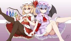Rule 34 | 2girls, :p, artist name, ascot, bare legs, bat wings, blonde hair, blue hair, brooch, brown legwear, dated, fang, fang out, flandre scarlet, frilled skirt, frills, gradient background, hair between eyes, hat, hat ribbon, heart, heart hands, hell.k, highres, jewelry, leg lift, looking at viewer, mob cap, multiple girls, pantyhose, pointy ears, purple background, red eyes, remilia scarlet, ribbon, short hair, short sleeves, siblings, side-by-side, side ponytail, sisters, sitting, skirt, skirt set, smile, striped, striped background, tongue, tongue out, touhou, wings