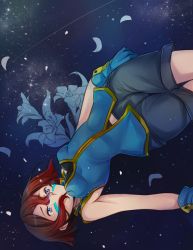 Rule 34 | 1girl, blue gloves, breasts, brown hair, falling, flower, gloves, mystics story, petals, purple eyes, short hair, shorts, sleeveless, star (symbol), starry background, tusia, upside-down, wide hips