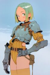 Rule 34 | 1girl, armor, bad id, bad twitter id, belt, blue sky, blush, breastplate, buckle, fantasy, gauntlets, green eyes, green hair, hair behind ear, hand on own hip, inactive account, knight, leotard, looking at viewer, mike krentz, orange leotard, original, outdoors, parted bangs, shoulder armor, sky, solo, standing, strap, thighhighs