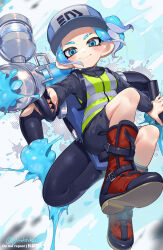 Rule 34 | 1girl, baseball cap, black shirt, black shorts, blue eyes, blue hair, blue pupils, blush, boots, closed mouth, commentary, english commentary, eyebrow cut, firing, firing at viewer, hat, high-visibility vest, highres, holding, holding weapon, inkjet (splatoon), jetpack, jinkoika, nintendo, octoling, octoling girl, octoling player character, ponytail, red footwear, shirt, shorts, smile, solo, splatoon (series), tentacle hair, twitter username, watermark, wavy mouth, weapon