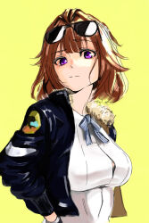 Rule 34 | 1girl, girls&#039; frontline, grizzly mkv (girls&#039; frontline), highres, looking at viewer, purple eyes, shiba42505719, short hair, solo, sunglasses, yellow background