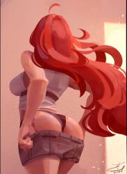 Rule 34 | 1girl, ahoge, ass, black panties, breasts, commentary, english commentary, eris greyrat, from behind, highres, indoors, large breasts, long hair, mushoku tensei, panties, red hair, shirt, shorts, signature, solo, standing, sushoartworks, underwear, undressing, white shirt