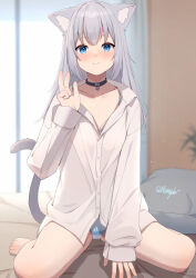 1girl absurdres animal_ears black_choker blue_panties blurry blurry_background cat_ears cat_girl cat_tail choker commentary_request grey_hair highres hinata_(user_rjkt4745) long_hair looking_at_viewer original panties pillow shirt smile tail twitter_username underwear w