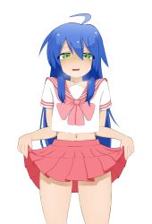 Rule 34 | 1girl, absurdres, artist request, blue hair, blush, clothes lift, green eyes, highres, izumi konata, lifting own clothes, long hair, looking at viewer, lucky star, open mouth, school uniform, serafuku, simple background, skirt, skirt lift, solo, white background