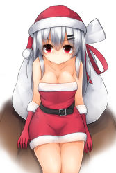 Rule 34 | 1girl, bad id, bad pixiv id, bare shoulders, belt, blush, breasts, christmas, cleavage, collarbone, cowboy shot, dress, fur trim, gloves, hair ornament, hairclip, hat, large breasts, legs together, looking at viewer, mizushina minato, original, red eyes, red gloves, sack, santa costume, santa hat, silver hair, sitting, solo, strapless, strapless dress