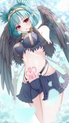 Rule 34 | 1girl, absurdres, bare shoulders, black feathers, black shorts, black skirt, black wings, blue eyes, blush, breasts, claws, commission, feathered wings, feathers, half-harpy, heart, heart tattoo, highres, indie virtual youtuber, lincoro, medium breasts, midriff, monster girl, navel, open mouth, pointy ears, red eyes, senkanaki64, short hair, short twintails, shorts, showgirl skirt, skeb commission, skirt, solo, stomach tattoo, tattoo, tiara, twintails, virtual youtuber, winged arms, wings
