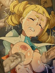 Rule 34 | 10s, 1girl, blonde hair, blush, breast poke, breasts, breasts out, censored, cum, cum in mouth, cum on clothes, cum on hair, don (rg06268), drill hair, closed eyes, facial, group sex, gundam, gundam build fighters, hairjob, highres, ice place, large breasts, long hair, mosaic censoring, nipples, open clothes, open mouth, penis, poking, solo focus, tears, upper body, yajima caroline