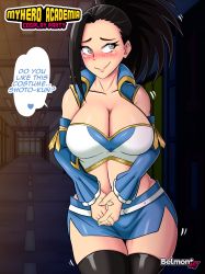 Rule 34 | 1girl, absurdres, artist name, belmont, belt, black hair, blue skirt, blush, boku no hero academia, breasts, cleavage, collarbone, copyright name, cosplay, english text, fairy tail, halloween, heart, highres, large breasts, long hair, lucy heartfilia, lucy heartfilia (cosplay), midriff, ponytail, grey eyes, skirt, smile, solo, speech bubble, strapless, thick thighs, thigh gap, thighhighs, thighs, tube top, yaoyorozu momo