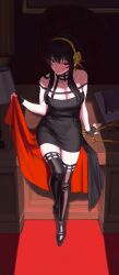 Rule 34 | 1000 (user 1527793), 1girl, absurdres, bare shoulders, black dress, black gloves, black hair, black thighhighs, blood, blood on face, bloody weapon, book, boots, breasts, chair, cleavage, dagger, desk, dress, earrings, fingerless gloves, flower, full body, gloves, gold earrings, gold hairband, hair flower, hair ornament, hairband, high heel boots, high heels, highres, indoors, jewelry, knife, lamp, large breasts, looking at viewer, off shoulder, on desk, paper, parted lips, red eyes, sitting, on desk, skirt hold, solo, spikes, spy x family, stiletto (weapon), thigh boots, thighhighs, thighs, two-sided dress, two-sided fabric, weapon, yor briar, zettai ryouiki
