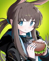 Rule 34 | 1girl, absurdres, amiya (arknights), animal ears, arknights, black jacket, blue eyes, blush, brown hair, burger, closed mouth, floating hair, food, hands up, highres, holding, holding burger, holding food, hood, hood down, hooded jacket, jacket, jewelry, licking lips, long hair, long sleeves, open clothes, open jacket, ponytail, puffy long sleeves, puffy sleeves, rabbit ears, ring, shirt, smile, solo, spam (spamham4506), sweat, tongue, tongue out, upper body, very long hair, white shirt