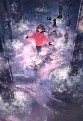Rule 34 | 1girl, black pants, brown hair, commentary request, female focus, from above, glasses, highres, hood, hood down, jacket, long sleeves, looking at viewer, open mouth, original, pants, purple eyes, red jacket, running, short hair, smile, solo, sousou (sousouworks), space, standing, star (sky), telescope, wavy hair, wide shot, winter clothes