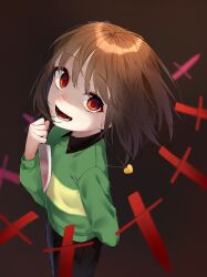 Rule 34 | 1other, :d, absurdres, arms behind back, black pants, black undershirt, bob cut, brown background, brown hair, chara (undertale), collared shirt, commentary, crazy eyes, dagger, floating neckwear, foreshortening, from above, from side, gradient background, green sweater, heart pendant, highres, holding, holding knife, holding weapon, jewelry, knife, locket, looking to the side, looking up, lower teeth only, messy hair, nanaju 7, open mouth, pants, pendant, red eyes, reverse grip, shaded face, shirt, short hair, single horizontal stripe, smile, solo, standing, sweater, teeth, twitter username, undertale, upturned eyes, username, weapon, wide-eyed, yellow sweater