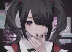 Rule 34 | 1girl, ame-chan (needy girl overdose), black eyes, black hair, black nails, black ribbon, collared shirt, commentary request, crying, crying with eyes open, hair ornament, hair over one eye, hair tie, hand on own face, hand up, heart, highres, looking at viewer, multicolored nails, nail polish, neck ribbon, needy girl overdose, parted lips, pink nails, pixel heart, red shirt, ribbon, sad, shirt, solo, speech bubble, tears, tsukio (o tukio), twintails, upper body, x hair ornament