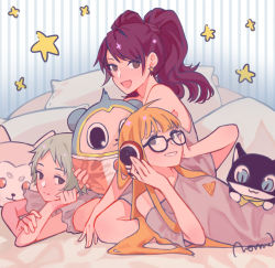 Rule 34 | 3girls, ahoge, bare shoulders, bed, bed sheet, black eyes, brown hair, character doll, closed mouth, commentary request, earrings, frills, glasses, green hair, hair between eyes, headphones, highres, jewelry, koromaru (persona), kujikawa rise, kuma (persona 4), long hair, looking at viewer, lying, morgana (persona 5), multiple girls, open mouth, orange hair, persona, persona 3, persona 4, persona 5, pillow, sakura futaba, seiza, shirt, short hair, signature, sitting, sleepover, smile, star (symbol), star earrings, stuffed toy, teeth, towne, trait connection, two side up, yamagishi fuuka