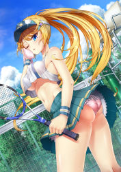 Rule 34 | 1girl, absurdres, aqua skirt, armband, ass, blonde hair, blue eyes, blue sky, breasts, chain-link fence, chair, cloud, covered erect nipples, crop top, crop top overhang, day, dutch angle, fence, frilled panties, frills, glint, hair ornament, hairclip, high ponytail, highres, kido airaku, long hair, looking at viewer, looking back, midriff, miniskirt, moe2017, navel, no bra, one eye closed, original, outdoors, panties, parted lips, perky breasts, pink panties, pleated skirt, ponytail, racket, shiny skin, shooting star hair ornament, skirt, sky, sleeveless, solo, sparkle, sportswear, star (symbol), star hair ornament, tennis, tennis racket, tennis uniform, towel, underboob, underwear, upskirt, visor cap, wiping face, wristband