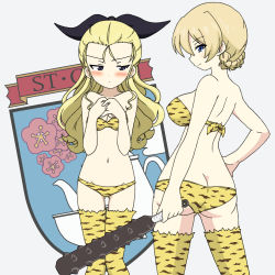 Rule 34 | 2girls, animal print, ass, assam (girls und panzer), back, bikini, blue eyes, blush, braid, breasts, butt crack, closed mouth, club, club (weapon), darjeeling (girls und panzer), feet out of frame, frown, girls und panzer, grey background, groin, hair ornament, hair ribbon, half-closed eyes, hand on own hip, ichinose jun, kanabou, large breasts, long hair, looking at another, multiple girls, own hands together, print bikini, ribbon, setsubun, simple background, small breasts, st. gloriana&#039;s (emblem), standing, strapless, strapless bikini, swimsuit, thighhighs, tiger print, tiger stripes, twin braids, weapon, white background, yellow bikini