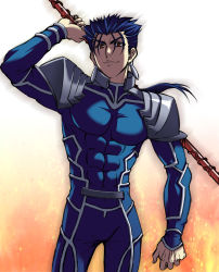 Rule 34 | 1boy, absurdres, blue hair, cu chulainn (fate), fate/stay night, fate (series), gae bolg (fate), highres, cu chulainn (fate/stay night), long hair, male focus, masurao bc, polearm, ponytail, red eyes, solo, spear, weapon