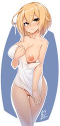Rule 34 | 1girl, ahoge, blonde hair, blush, breasts, cleft of venus, collarbone, covering privates, highres, large breasts, looking at viewer, naked towel, nipples, nude cover, one breast out, original, pussy, short hair, signature, smile, solo, standing, tilt-shift (azalanz), towel, uncensored, yellow eyes