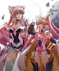 Rule 34 | 2girls, armor, blue eyes, blurry, blurry background, breasts, cape, cleavage, clothing cutout, covered navel, elbow gloves, flat chest, gauntlets, gloves, hand on own hip, hand up, headgear, height difference, highres, leotard, long hair, looking at another, maria cadenzavna eve, medium breasts, multiple girls, open mouth, pauldrons, pink hair, rhapsode, senki zesshou symphogear, shoulder armor, standing, symphogear pendant, thighhighs, time paradox, twintails, very long hair, aged down