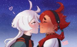 Rule 34 | 2girls, ahoge, artist name, blush, closed eyes, commentary, dreamsyndd, english commentary, grey eyes, gundam, gundam suisei no majo, hairband, heart, highres, imminent kiss, long hair, miorine rembran, multiple girls, ponytail, red hair, sky, star (sky), starry sky, suletta mercury, sweat, wavy mouth, white hair, yuri