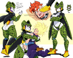 Rule 34 | 1girl, 2boys, :d, android 16, ass, bare shoulders, breasts, brown footwear, cell (dragon ball), cleavage, closed mouth, collarbone, colored skin, dragon ball, dragonball z, english text, fangs, foot on another&#039;s face, genderswap, genderswap (mtf), green skin, grin, highres, hug, large breasts, mohawk, multiple boys, navel, open mouth, orange hair, perfect cell, scott malin, short hair, smile, son gohan, spiked hair, super saiyan, super saiyan 1, teeth, tongue, upper teeth only, white background, white skin, wings, yellow background