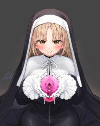 Rule 34 | 1girl, artificial vagina, black dress, blonde hair, blush, breasts, brown eyes, brown hair, capelet, closed mouth, commentary request, dress, festa11307070, frilled gloves, frills, full-length zipper, gloves, grey background, habit, high collar, holding, large breasts, light brown hair, long dress, long hair, long sleeves, looking at viewer, nijisanji, nun, sex toy, signature, simple background, sister claire, sister claire (1st costume), smile, solo, straight hair, traditional nun, virtual youtuber, white capelet, white gloves, yellow eyes, zipper, zipper dress