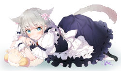 Rule 34 | 10s, 1girl, absurdres, animal ears, apron, arm garter, black dress, blue eyes, blush, cat ears, cat tail, closed mouth, dress, facial mark, final fantasy, final fantasy xiv, flower, frilled dress, frills, from side, full body, hair flower, hair ornament, highres, long hair, looking at viewer, looking to the side, lying, maid, miqo&#039;te, on stomach, puffy short sleeves, puffy sleeves, short sleeves, signature, silver hair, slit pupils, smile, solo, stuffed animal, stuffed sheep, stuffed toy, tail, waist apron, warrior of light (ff14), whisker markings, wrist cuffs, yana mori