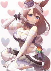 Rule 34 | 1girl, absurdres, animal ears, bandaged arm, bandaged hand, bandaged leg, bandages, bare shoulders, blue eyes, blush, bow, braid, chest sarashi, closed mouth, commentary request, ear scrunchie, hair between eyes, heart, heart background, highres, horse ears, horse girl, horse tail, long hair, looking at viewer, midriff, mouth hold, multicolored hair, nail polish, nankanashi, official alternate costume, ponytail, purple nails, purple scrunchie, purple wristband, sarashi, scrunchie, simple background, sitting, smile, solo, streaked hair, super creek (chiffon ribbon mummy) (umamusume), super creek (umamusume), tail, umamusume, very long hair, white bow, white hair, wristband