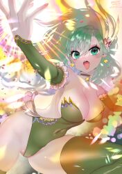 Rule 34 | 1girl, aged up, black choker, breasts, choker, cleavage, covered navel, dated, detached sleeves, earrings, final fantasy, final fantasy iv, green eyes, green hair, green leotard, green thighhighs, hair ornament, highres, jewelry, large breasts, leotard, long hair, nonrio, open mouth, rydia (ff4), solo, star (symbol), star earrings, thighhighs