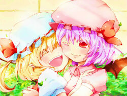 Rule 34 | 2girls, bat wings, blonde hair, brooch, closed eyes, closed mouth, collared shirt, crystal, doanobuhii, flandre scarlet, frilled shirt collar, frills, from side, happy, hat, hat ribbon, hug, jewelry, mob cap, multicolored wings, multiple girls, one eye closed, open mouth, pink hair, pink headwear, pink shirt, pointy ears, puffy short sleeves, puffy sleeves, red eyes, red ribbon, red vest, remilia scarlet, ribbon, ribbon-trimmed headwear, ribbon trim, shirt, short sleeves, siblings, sisters, smile, teeth, touhou, upper body, upper teeth only, vest, white headwear, white shirt, wings