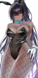 Rule 34 | 1girl, absurdres, animal ears, bare shoulders, black hair, black leotard, blue archive, blue bow, blue bowtie, blush, bow, bowtie, breasts, cleavage, closed mouth, collar, cowboy shot, dark-skinned female, dark skin, detached collar, fake animal ears, fishnet pantyhose, fishnets, gloves, hand on own thigh, highleg, highleg leotard, highres, karin (blue archive), karin (bunny) (blue archive), large breasts, leotard, long hair, looking at viewer, monegi, official alternate costume, pantyhose, playboy bunny, ponytail, rabbit ears, side-tie leotard, simple background, solo, strapless, strapless leotard, tattoo, thighs, white background, white collar, white gloves, wrist cuffs, yellow eyes