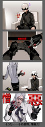 Rule 34 | 4koma, adam (nier:automata), anger vein, as109, blindfold, comic, controller, covered eyes, cup, disposable cup, dress shirt, closed eyes, game console, glasses, gloves, grin, highres, long hair, musical note, necktie, nier (series), nier:automata, open mouth, playstation 4, shirt, smile, translated, white hair, 9s (nier:automata)