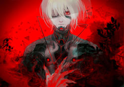 Rule 34 | 1boy, androgynous, armor, black bodysuit, bodysuit, claws, closed mouth, colored skin, commentary request, expressionless, eyepatch, fangs, flower, glowing, glowing eye, grey hair, kagune (tokyo ghoul), kaneki ken, koujima shikasa, looking at viewer, male focus, red eyes, red skin, red theme, short hair, solo, tokyo ghoul, tokyo ghoul:re, upper body