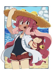 Rule 34 | 1girl, arm up, beach, bell, black one-piece swimsuit, blue sky, brown headwear, cloud, collarbone, collared shirt, commentary request, covered navel, cropped legs, day, dress shirt, food, fruit, fuyumiso, hand on headwear, highres, horizon, ocean, one-piece swimsuit, open clothes, open fly, open shirt, open shorts, original, red shorts, sand, shirt, short shorts, short sleeves, shorts, sky, solo, strawberry, swimsuit, swimsuit under clothes, water, white shirt