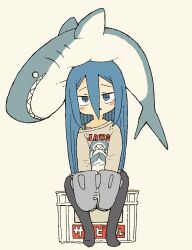 Rule 34 | 1girl, black pantyhose, blue eyes, blue hair, blush stickers, brown background, brown shirt, clothes writing, commentary request, fukada ichika, full body, hair between eyes, hand puppet, highres, jaws (movie), long hair, looking at viewer, no shoes, off shoulder, on head, original, pantyhose, parted lips, print shirt, puppet, shirt, simple background, sitting, solo, stuffed animal, stuffed shark, stuffed toy, very long hair, yukimoto shuuji (gurigura)