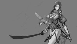 Rule 34 | 1girl, bodysuit, bow (weapon), breasts, closed mouth, commentary request, covered navel, fate/grand order, fate (series), fingerless gloves, gloves, greyscale, hiragana oufu, holding, holding sword, holding weapon, large breasts, long hair, minamoto no raikou (fate), monochrome, parted bangs, ribbed sleeves, rope, smile, sword, tabard, very long hair, weapon