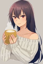 Rule 34 | 1girl, black hair, brown background, brown eyes, closed mouth, collarbone, cup, hair between eyes, highres, holding, holding cup, kantai collection, kasumi (skchkko), long hair, long sleeves, nagato (kancolle), off-shoulder sweater, off shoulder, revision, ribbed sweater, simple background, smile, solo, sweater, white sweater