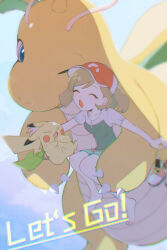 Rule 34 | 1girl, absurdres, barefoot, baseball cap, blue sky, brown hair, carrying, carrying person, chromatic aberration, closed eyes, creatures (company), dragonite, elaine (pokemon), english text, flying, game freak, gen 1 pokemon, green scarf, green shorts, hat, highres, holding, holding shoes, nintendo, one eye closed, open mouth, pikachu, poke ball print, pokemon, pokemon (creature), pokemon lgpe, red headwear, scarf, shoes, short sleeves, shorts, sky, sneakers, tail, tail ornament, unworn shoes, zonbi4771
