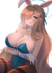 Rule 34 | 1girl, :q, absurdres, alternate hair color, aqua eyes, aqua leotard, ash (cat7evy), asuna (blue archive), asuna (bunny) (blue archive), bare shoulders, black pantyhose, blue archive, breasts, brown hair, cleavage, collarbone, commentary, covered navel, cowboy shot, crossed arms, eyelashes, gloves, hair over one eye, hair over shoulder, hair ribbon, halo, highleg, highleg leotard, highres, leotard, long bangs, long hair, mole, mole on breast, official alternate costume, pantyhose, playboy bunny, ribbon, simple background, solo, strapless, strapless leotard, thick eyelashes, tongue, tongue out, very long hair, white background, white gloves, ||/
