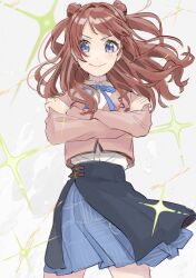 Rule 34 | 1girl, blazer, blue bow, blue bowtie, blue eyes, blue skirt, bow, bowtie, brown hair, commentary, crossed arms, double bun, english commentary, gakuen idolmaster, hair bun, hanami saki, highres, idolmaster, jacket, light blush, long hair, long sleeves, looking at viewer, pink jacket, pleated skirt, shirt, sidelocks, skirt, smile, smug, solo, sparkle, tanupon, thighs, v-shaped eyebrows, white background, white shirt, wind